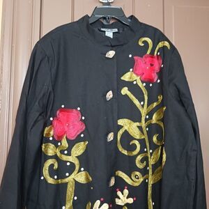 Indigo Moon Women's size 1X Embroidered Cotton Black Long Jacket